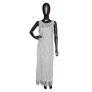 Silver Crochet Sheath/Fringe Formal Dress W Bolero Jacket - Harlow Nites